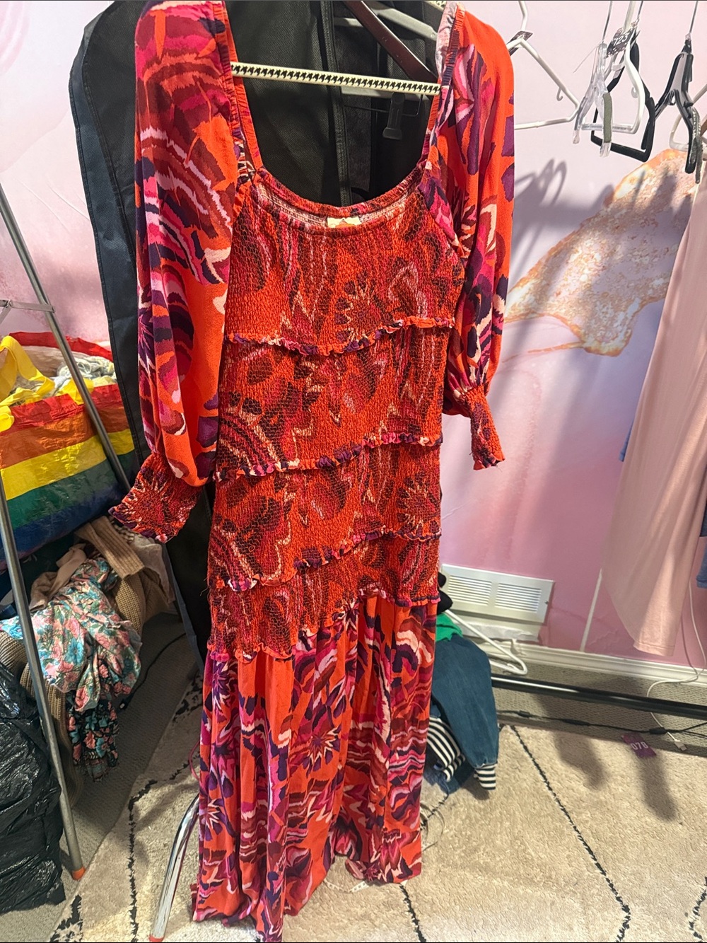 farm rio chevron forest maxi dress L Red Floral Tiered Maxi Dress - Women L - Picture 2 of 6